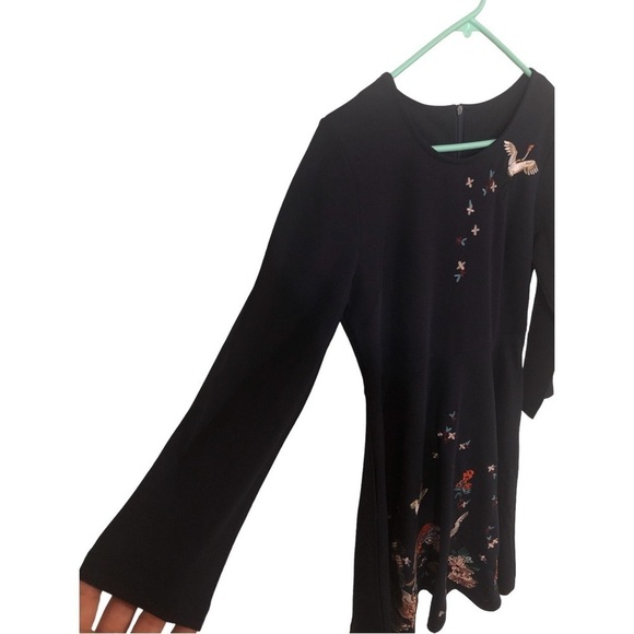 Embroidered Navy Flare Midi Dress Geese & Floral Design Long Sleeved Zip Back S - Picture 2 of 9